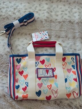 Canvas Heart Print Tote in Cream with Multicolor Hearts and Detachable Strap